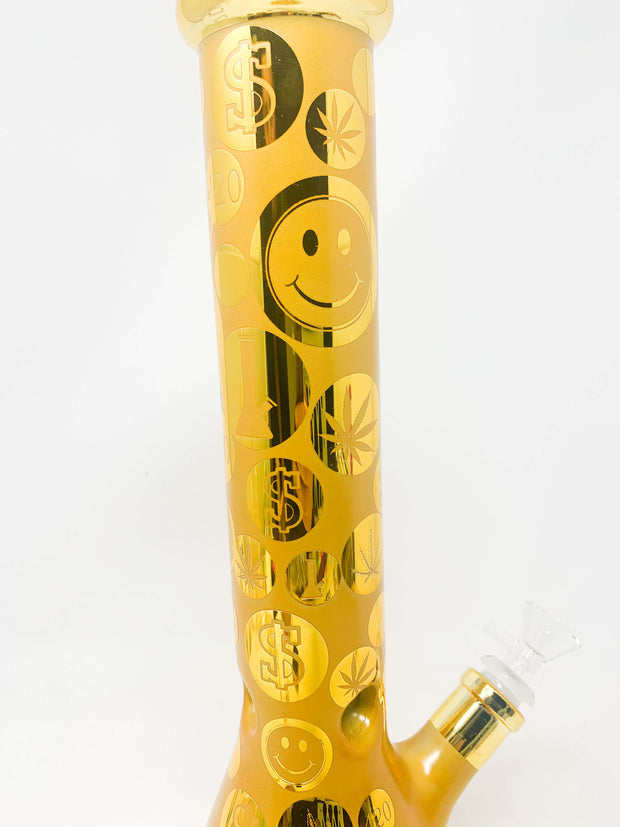 Metallic Gold Smiley Face Weed Leaf Beaker Glass Water Pipe 12in/Bong