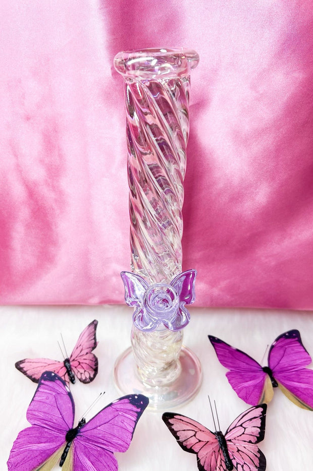Iridescent Swirl Butterfly Straight Tube Glass Water Pipe/Bong