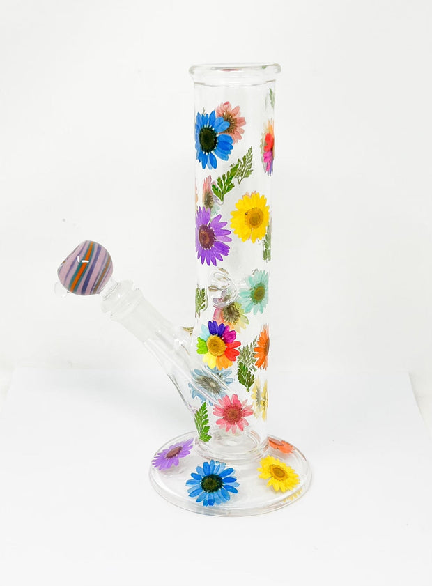 Rainbow Floral 10in Straight Tube Glass Water Pipe/Bong