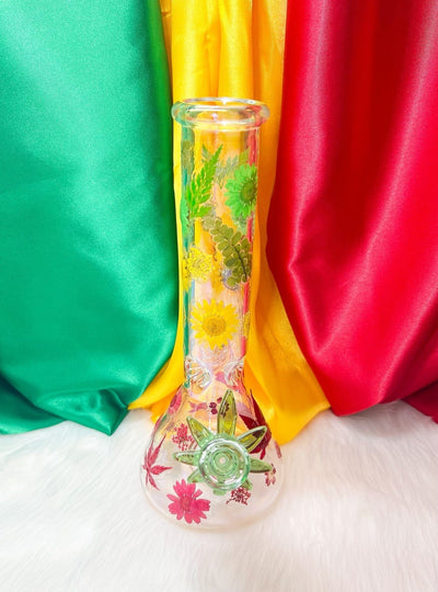 Rasta Iridescent Dried Floral Glass Water Pipe/Bong