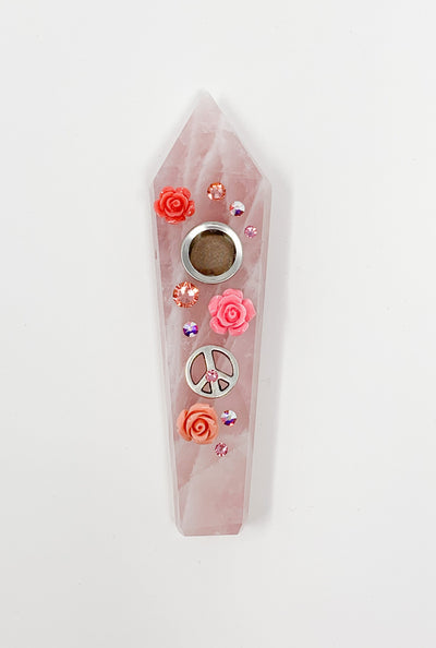 Rose Quartz Crystal Hand Pipe Peace Flowers Swarovski Crystal