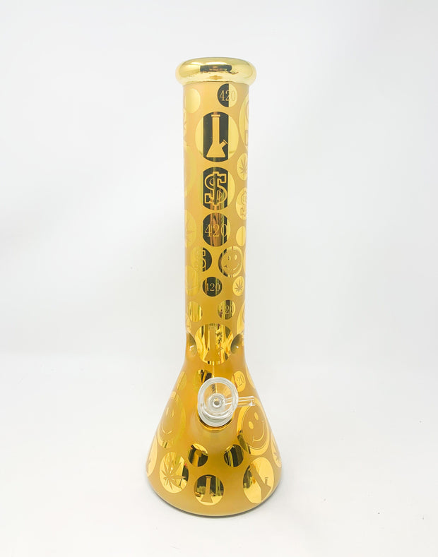 Metallic Gold Smiley Face Weed Leaf Beaker Glass Water Pipe 12in/Bong