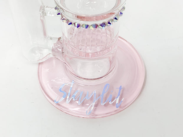 Pink Crystal Double Perc Glass Water Hand Pipe/Dab Rig