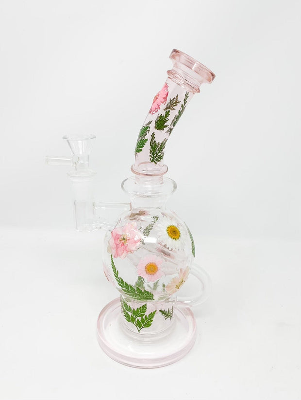 Pink Floral Recycler Glass Water Pipe/Dab Rig