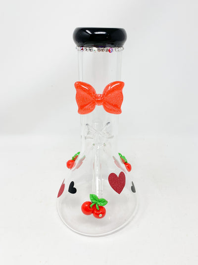 StayLit Cherries Red Bow Crystal 10in Beaker Glass Water Pipe/Bong