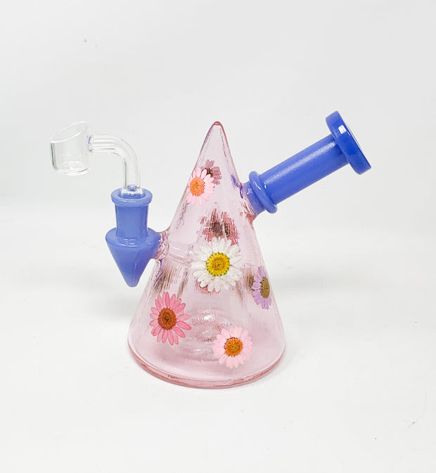 Pink Daisy Floral Pyramid Honeycomb Perc Glass Water Hand Pipe/Dab Rig