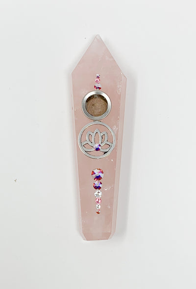 Rose Quartz Crystal Hand Pipe Lotus Flower